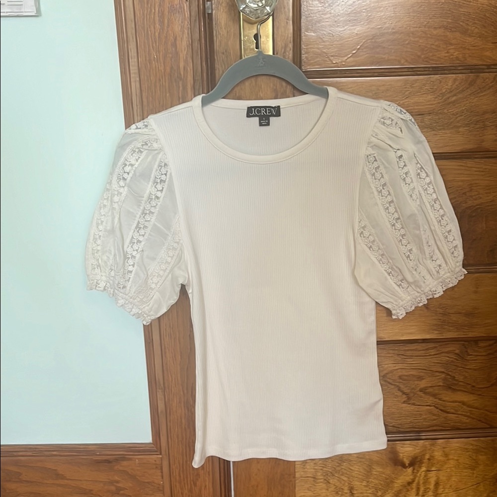 J. Crew White Puff Sleeve Crew Neck Blouse